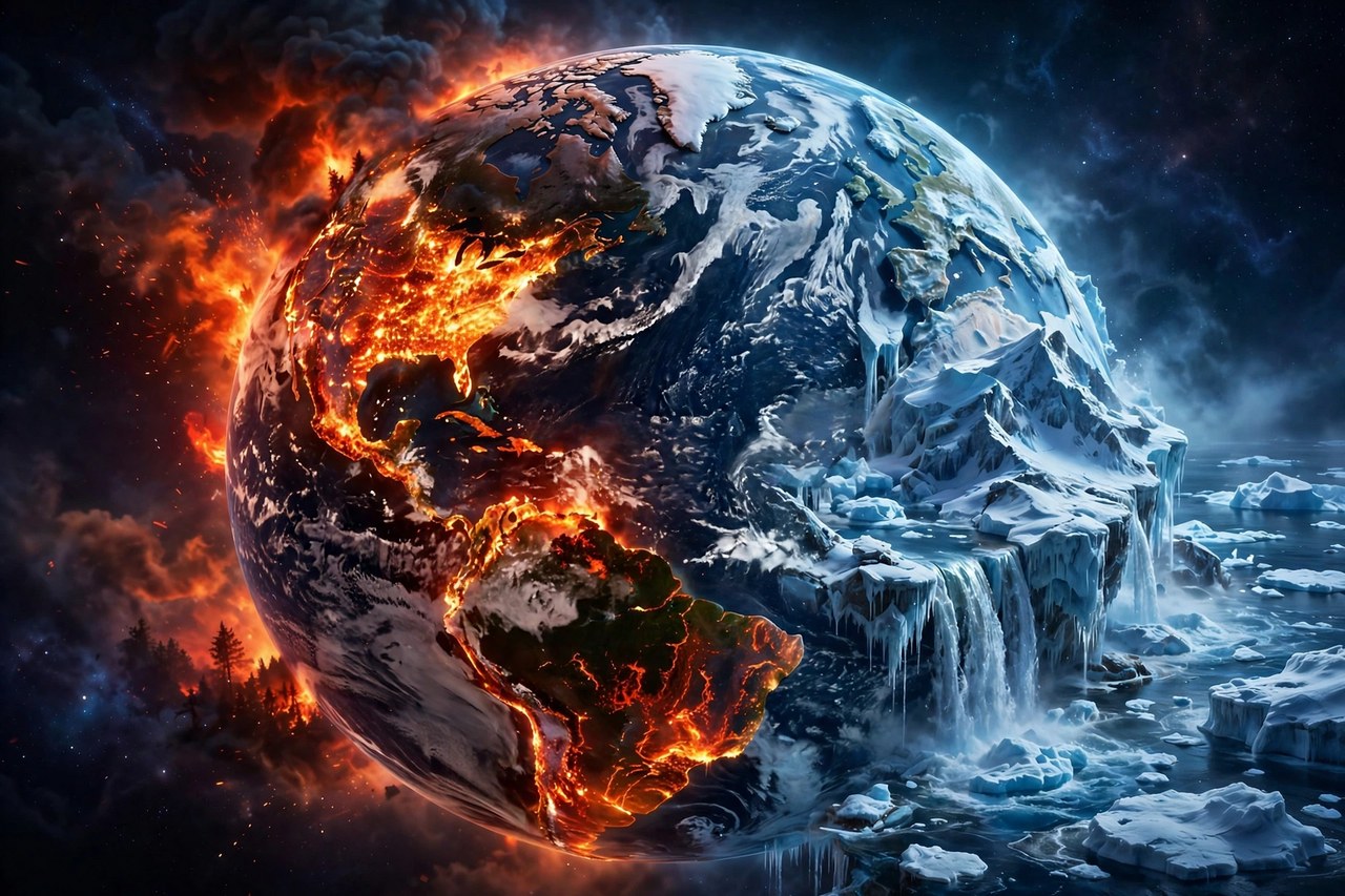 3D illustration of planet Earth: one side burning with wildfires, the other covered in melting ice