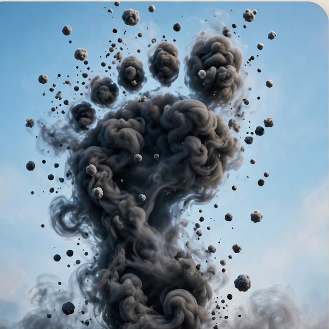 Picture clue: a giant footprint made of dark smoke rising into a blue sky