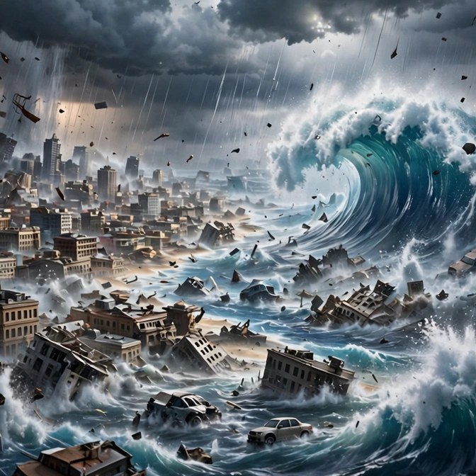 Picture clue: a huge storm wave flooding and wrecking a coastal city