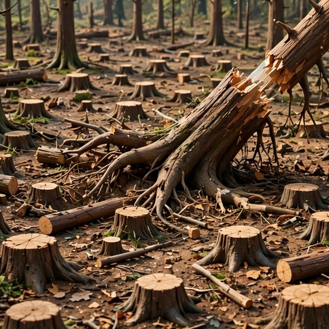 Picture clue: a cleared forest floor covered with tree stumps and a fallen trunk