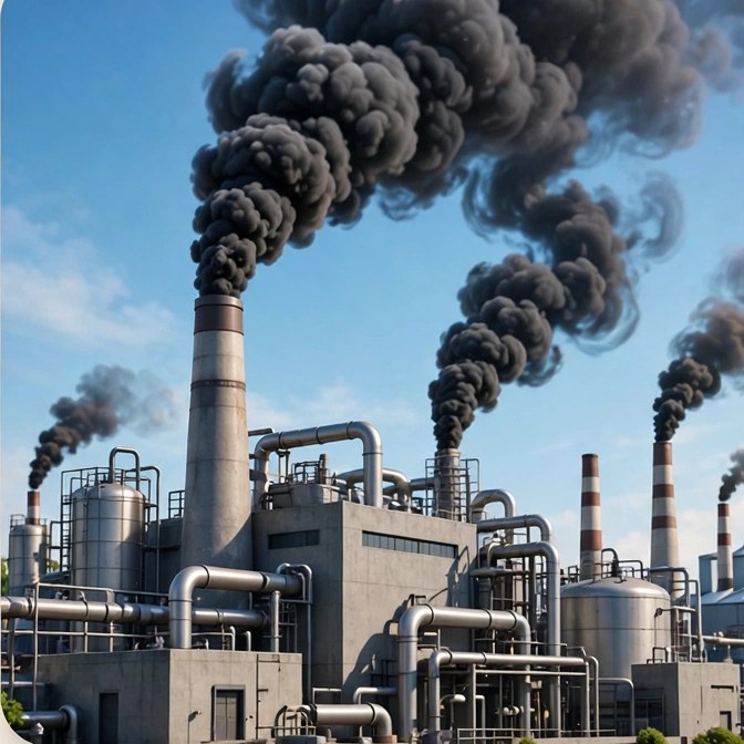 Picture clue: factory chimneys pouring thick black smoke into the sky