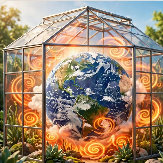 Picture clue: planet Earth inside a glass greenhouse, surrounded by swirling orange heat