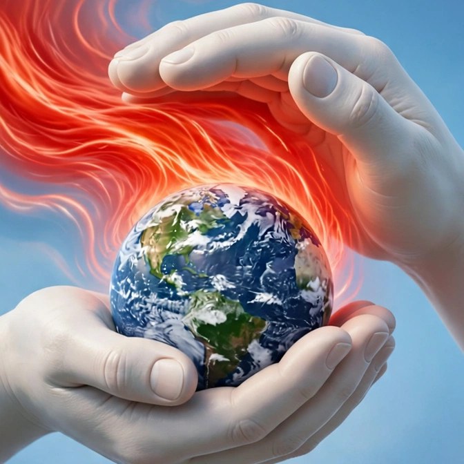 Picture clue: two hands shielding planet Earth from waves of red heat