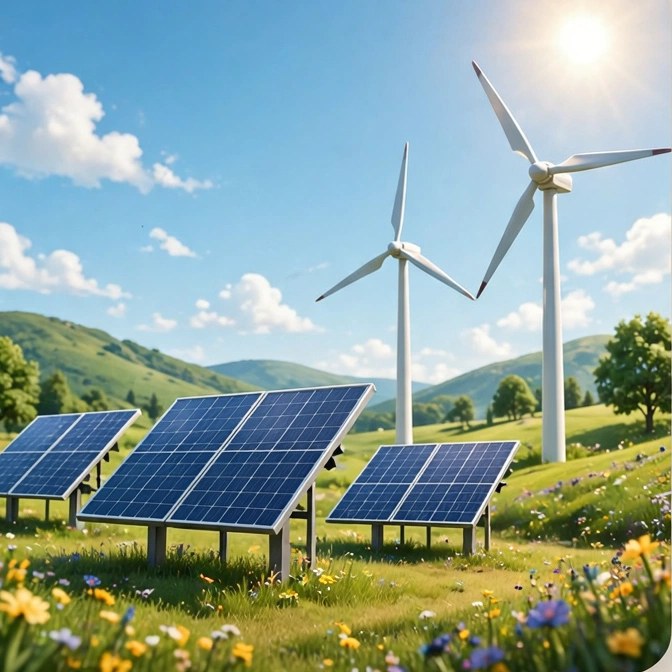 Picture clue: solar panels and wind turbines in a sunny green meadow
